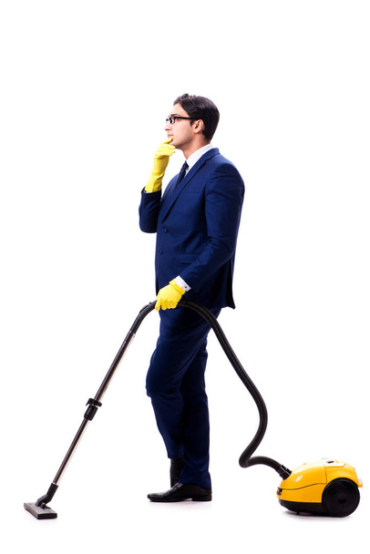 Handsome businessman with vacuum cleaner isolated on white backg - Фото, изображение