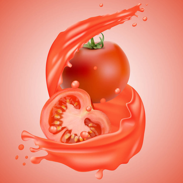 全体で熟したジューシーなトマトと赤いトマト ジュースの飛散とスライス - ベクター画像