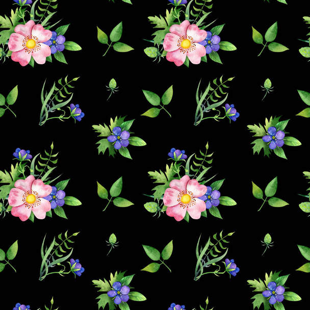 Seamless pattern with dog-rose, green lives  and blue flower    - Φωτογραφία, εικόνα