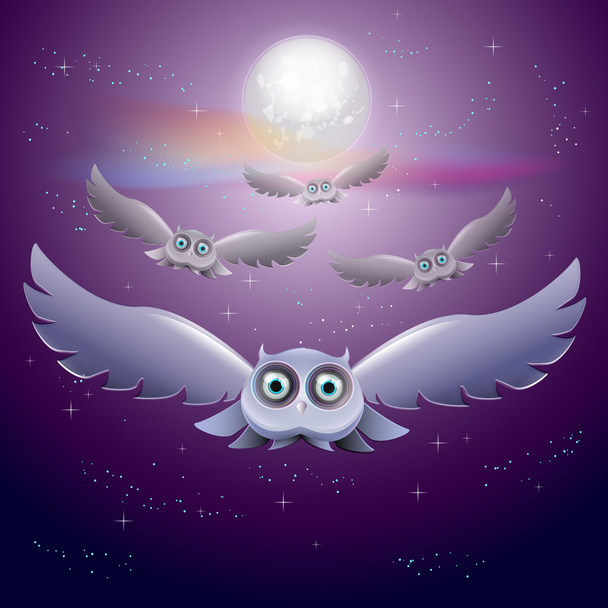 Ilustración vectorial de búhos voladores en el cielo nocturno con luna
 - Vector, Imagen
