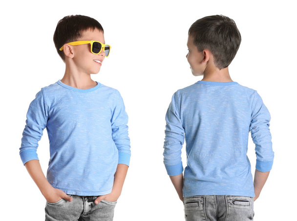 Front and back views of little boy in long sleeve t-shirt on white background. Mockup for design - Fotografie, Obrázek