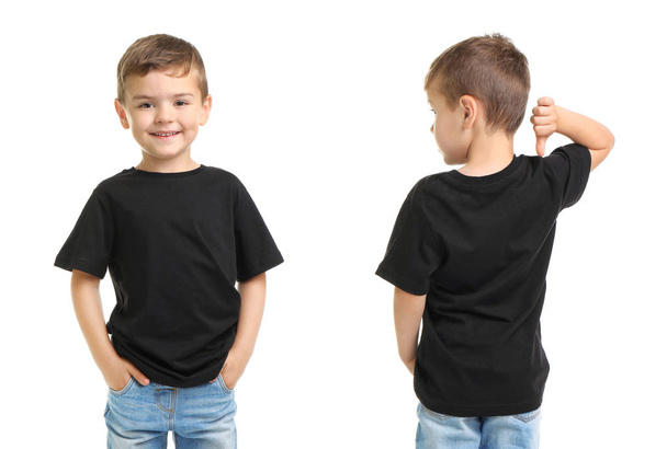 Front and back views of little boy in black t-shirt on white background. Mockup for design - Foto, Imagem
