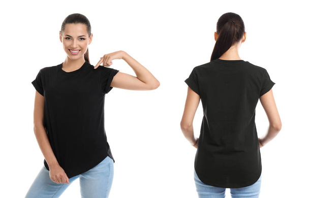 Front and back views of young woman in black t-shirt on white background. Mockup for design - Foto, Bild
