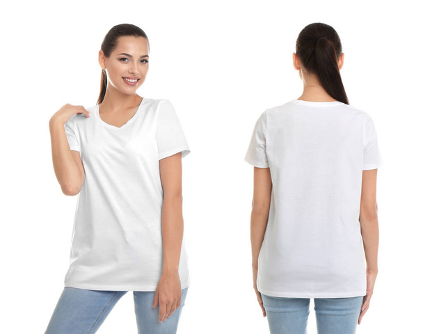 Front and back views of young woman in blank t-shirt on white background. Mockup for design - 写真・画像