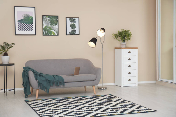 Stylish light room interior with comfortable gray sofa - Foto, afbeelding