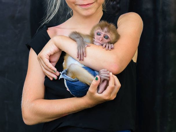 Kız dikkatle küçük maymun ellerinde tutar. İnsan ve hayvan arasındaki dostluk kavramı. Hayvan refahı kavramı. - Fotoğraf, Görsel