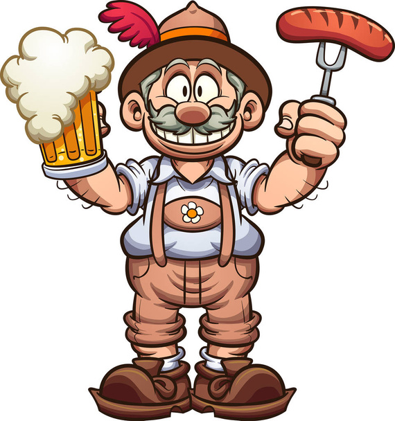 Uomo bavarese con abiti tradizionali che celebrano l'Oktoberfest con una birra in una mano e una salsiccia nell'altra. Illustrazione di clip art vettoriale con semplici gradienti. Alcuni elementi su strati separati
. - Vettoriali, immagini