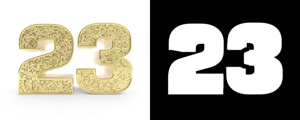 Numero d'oro ventitré (numero 23) su sfondo bianco con ombreggiatura a goccia e canale alfa. Illustrazione 3D
. - Foto, immagini