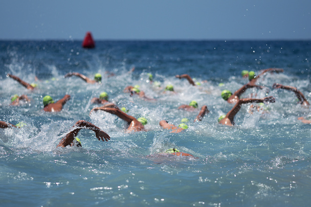 Nuotatori di triathlon in mare aperto, vista da dietro
 - Foto, immagini