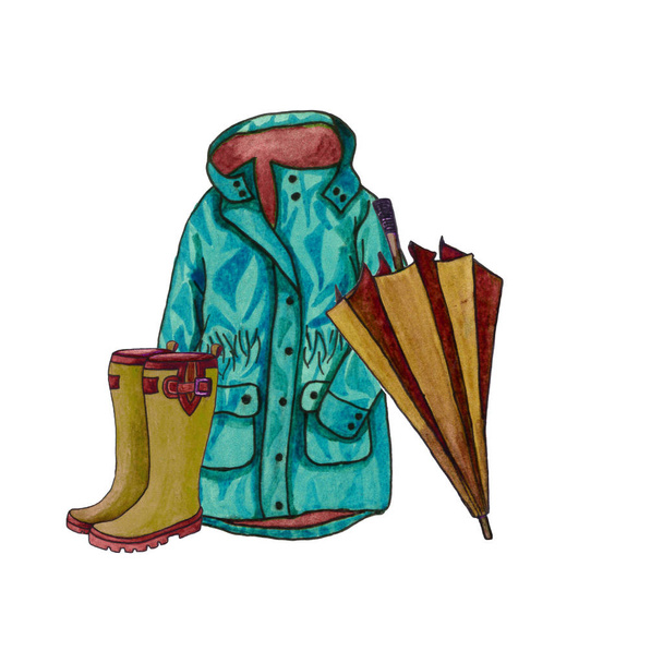 Color rain boots with rain coat and an umbrella. Watercolor hand drawn illustration. Autumn rain cloth on white background. - Photo, Image