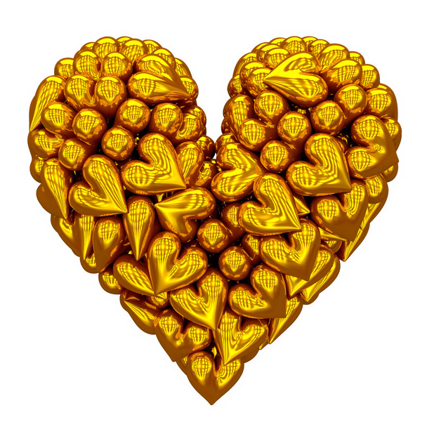 Een hart, gemaakt van kleine gouden harten op witte achtergrond - Foto, afbeelding