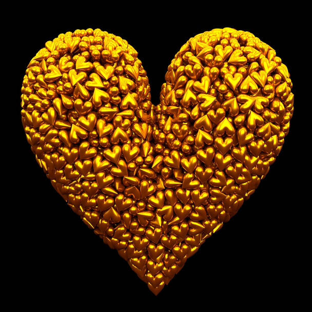 Um coração feito de pequenos corações dourados sobre fundo preto
 - Foto, Imagem