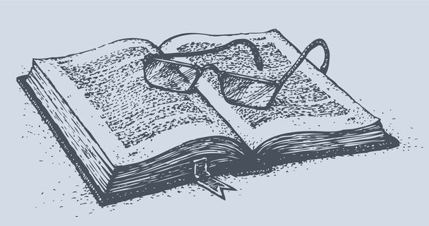 διάνυσμα νεκρή φύση. αποκαλύπτονται παλιό βιβλίο με γυαλιά σε σελίδες - Διάνυσμα, εικόνα