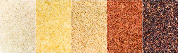 Ensemble d'arrière-plans du riz blanc et bouilli à grains courts non cuit, du riz brun, rouge et noir à grains longs
 - Photo, image