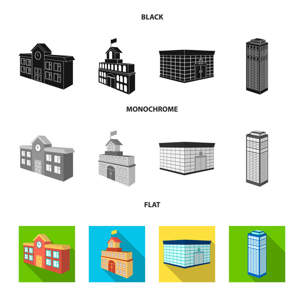 Τράπεζα γραφείο, ουρανοξύστης, δημαρχείο κτίριο, κτίριο κολέγιο. Αρχιτεκτονικό και δομή που συλλογή εικονιδίων σε μαύρο, επίπεδη, μονόχρωμη στυλ διάνυσμα σύμβολο μετοχής εικονογράφηση web. - Διάνυσμα, εικόνα