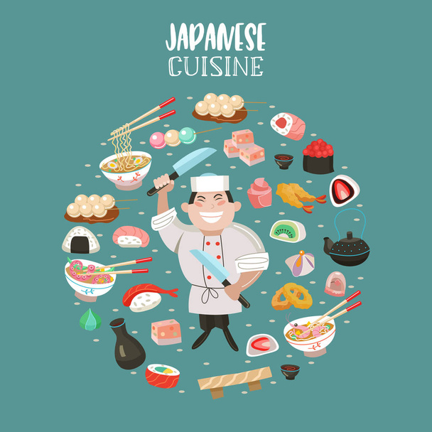 日本の料理。日本のデザート、お菓子、天ぷら、寿司、ロール、おにぎり。スープ、麺、酒。大きい料理用のナイフと日本人シェフ。円の漫画のスタイルのベクトル図. - ベクター画像