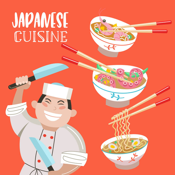 日本の料理。日本のスープ。麺、魚介類、エビ、タコ。大きい料理用のナイフと日本人シェフ。漫画のスタイルのベクトル図. - ベクター画像