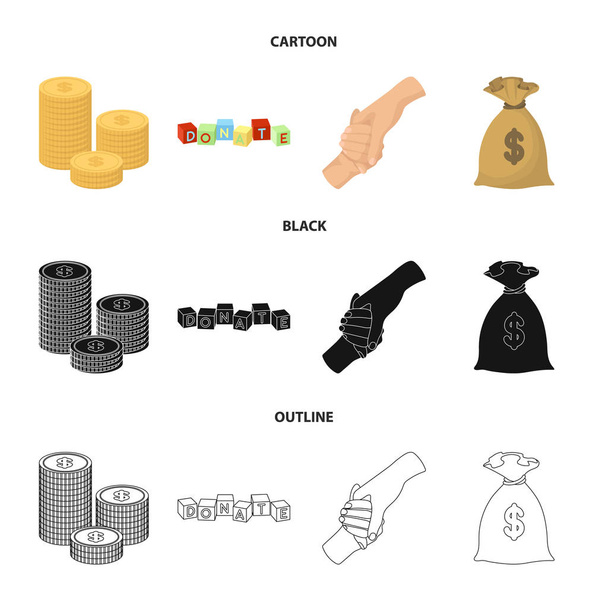A pile of coins for donations, colored cubes with an inscription, a handshake, a bag of money for donations. Charity and donation set collection icons in cartoon,black,outline style vector symbol - Vector, afbeelding