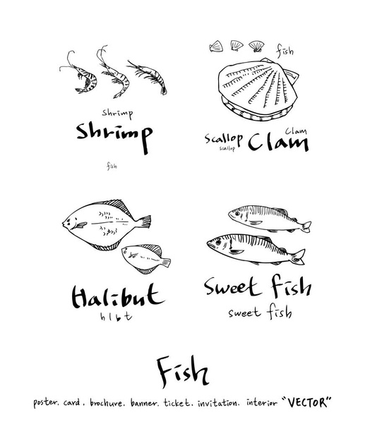 Hand drawn food ingredients / sea food illustrations - vector - Διάνυσμα, εικόνα