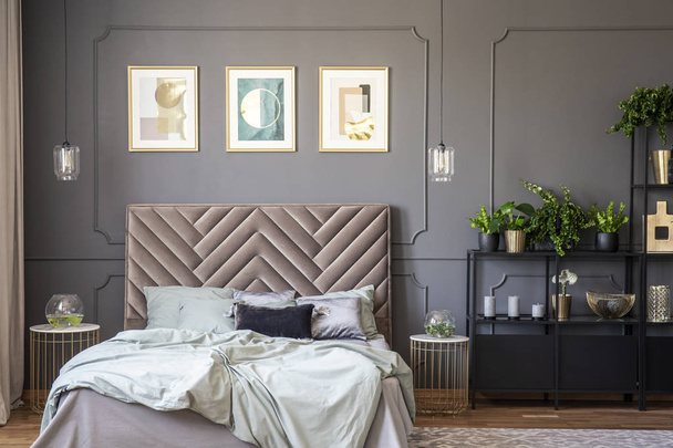 Dark grey bedroom interior with wainscoting on the wall, king-size bed with soft bedhead, three posters and metal rack with plants and decorations - Fotoğraf, Görsel