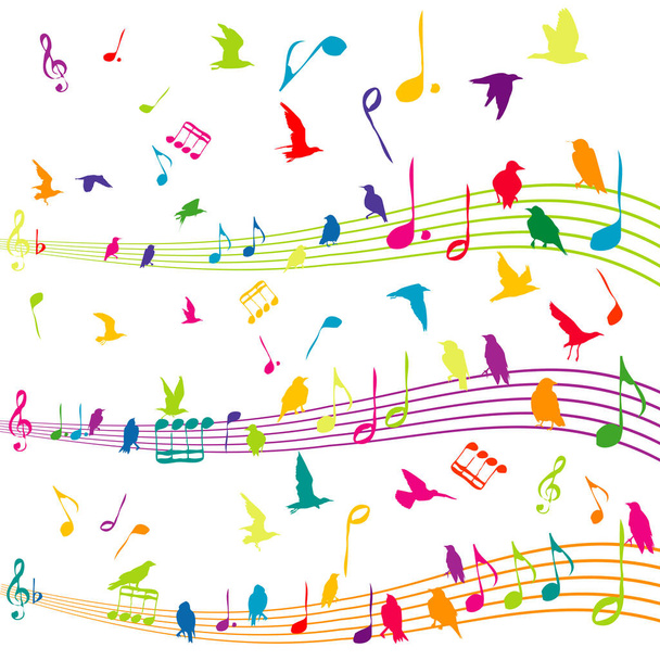 Illustrazione astratta a colori con nota musicale con sagome di uccelli che volano
 - Vettoriali, immagini