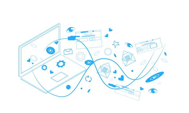 dizüstü ekran eşitleme online bilgisayar uygulama sosyal ağ iletişim kroki doodle yatay tarama web - Vektör, Görsel