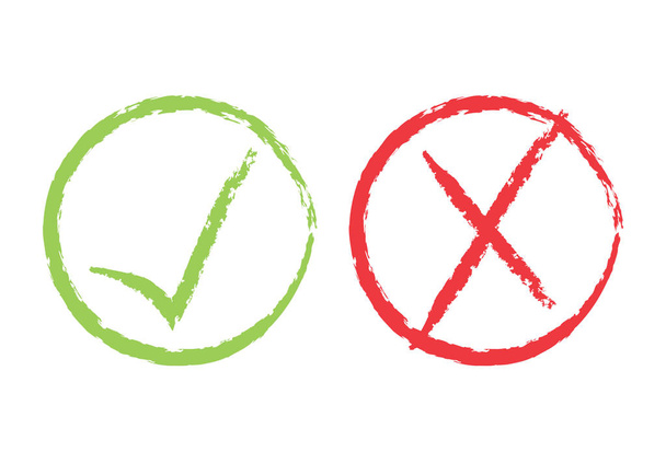 Grunge Red X e segno di spunta verde, segno di approvazione design. Caselle di controllo Icone con simbolo OK rosso e verde in cerchio. Segni di lista pennelli dipinti, opzioni di scelta, test, quiz o segni di indagine
. - Vettoriali, immagini