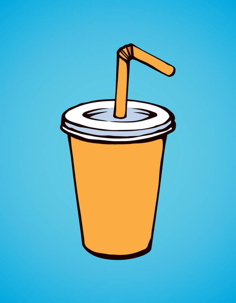 Pop vibrant orange plastic tare of tasty fizzy cool ice sweet gas softdrink coctail on blue background. Bright yellow color hand drawn mug logo sketch in art doodle style. Close up with space for text - Vector, Image