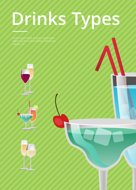Drinks Type Advert Poster with Blue Cocktail Glass - Vector, Image