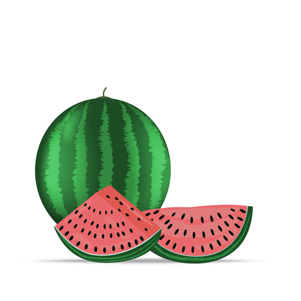 Vektoros illusztráció logó a teljesen megérett piros gyümölcs görögdinnye, zöld szárat, vágott fele, szeletelt szelet berry piros húsú. Görögdinnye minta a természetes édes étel. Enni görögdinnye ízletes trópusi gyümölcsök - Vektor, kép