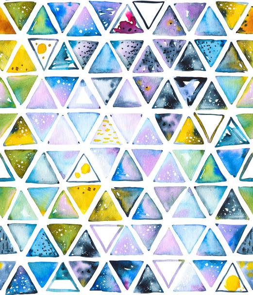 Seamless pattern with abstract geometric triangles, bee honeycomb. Watercolor spots, shapes, beautiful paint stains like cosmic nebula. Background for parties, holidays, birthdays. - Photo, Image