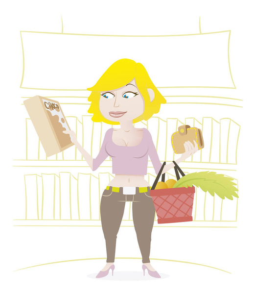 Mujer comprando en un supermercado con una cesta de verduras y una caja de cereales de chocolate. Ilustración vectorial
. - Vector, imagen