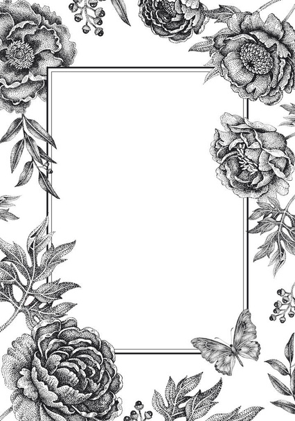 Wedding invitations cards templates. Decoration with garden flowers, frame pattern. Floral vector illustration. Vintage engraving. Oriental style. Black peonies, roses on white background. - Vetor, Imagem