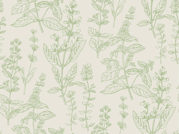 Hand drawn herbal sketch seamless pattern for surface design - Vector, imagen