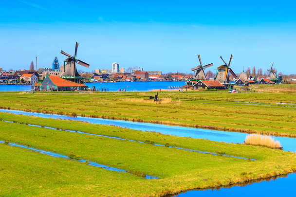 風車、オランダのパノラマ - 写真・画像
