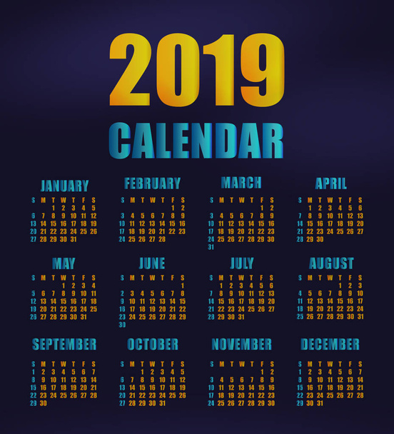 Εικονογράφηση διάνυσμα πρότυπο ημερολόγιο 2019 επίπεδου σχεδιασμού - Διάνυσμα, εικόνα