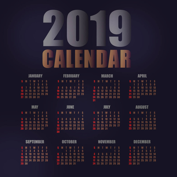 Modelo de calendário 2019 ilustração vetorial design plano
 - Vetor, Imagem