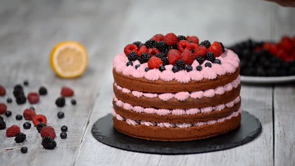 Chef decorate the cake with berries - Footage, Video