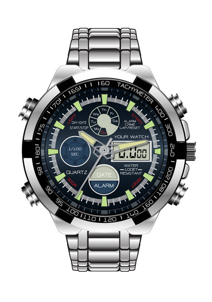 Montre réaliste chronographe horloge en acier inoxydable sur fond blanc illustration vectorielle de luxe
. - Vecteur, image