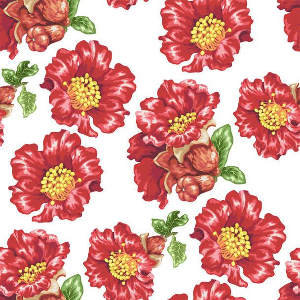 Seamless pattern with pomegranate blooming flowers in realistic vector graphic design illustration - Vector, Image