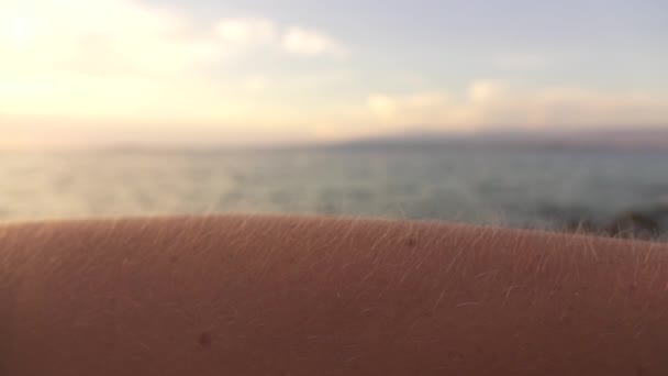 Dof makro: Młody kaukaski kobieta stojący w pobliżu pięknej plaży skalistej, o dreszcze na jej skórę na zimno letni wieczór. Gęsia skórka na biały kobiece ramię na zamrożenie dzień nad brzegiem morza przed zachodem słońca - Materiał filmowy, wideo