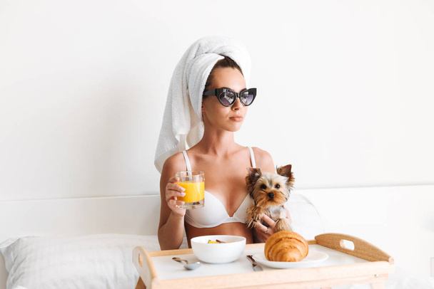 Portrait of a celebrity woman in sunglasses and towel around her head having breakfast while sitting with a tray in bed with her dog - Φωτογραφία, εικόνα