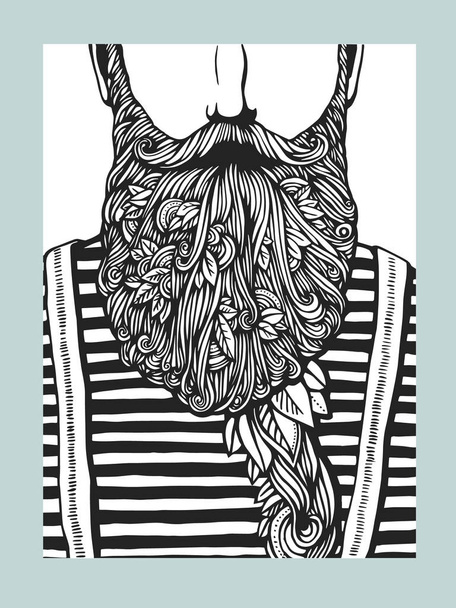 Hipster head with blooming beard with leafs. Hand-Drawn Doodle. Vector Illustration. Hand drawn cartoon character. Bearded man template - Vector, afbeelding