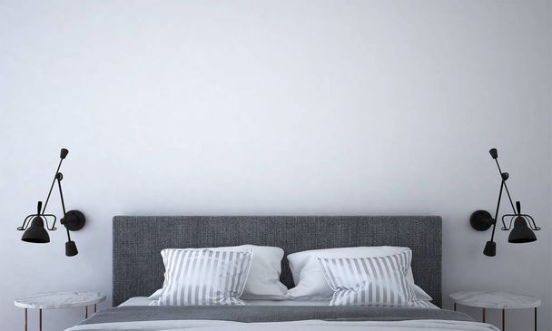 Het 3D-ontwerp van de inteiror van de rendering van slaapkamer en witte muur achtergrondstructuur - Foto, afbeelding