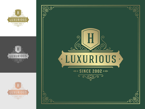 Luxe logo template vector vintage bloeit ornamenten. Goed voor koninklijke kuif, boutique merk, hotel teken met bloeiende frame luxe sjabloon. - Vector, afbeelding