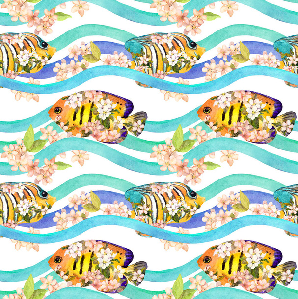 Tropical fishes in spring flowers in waves, stripes. Repeating background. Watercolor - Fotó, kép