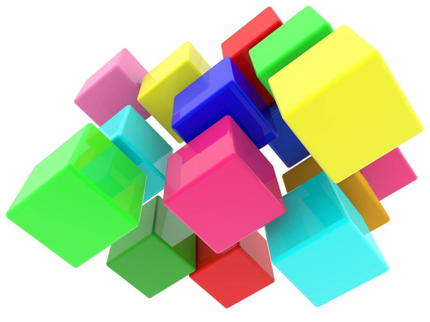 Cubos empilhados aleatoriamente em várias cores em fundos brancos
 - Foto, Imagem