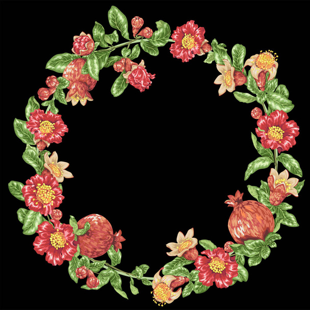 Decorative border vector frame wreath with pomegranate fruits and flowers in graphic design illustration - Vetor, Imagem