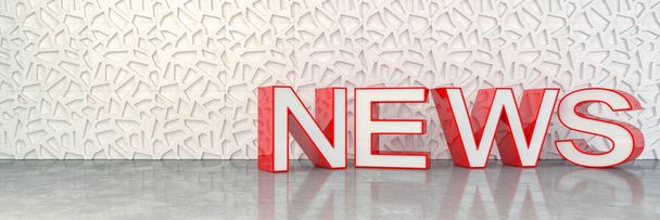 3d render of news in red capital letters on a reflective floor in the background a abstract wall - Foto, Imagen