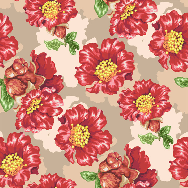Seamless pattern with pomegranate blooming flowers in realistic vector graphic design illustration - Vetor, Imagem